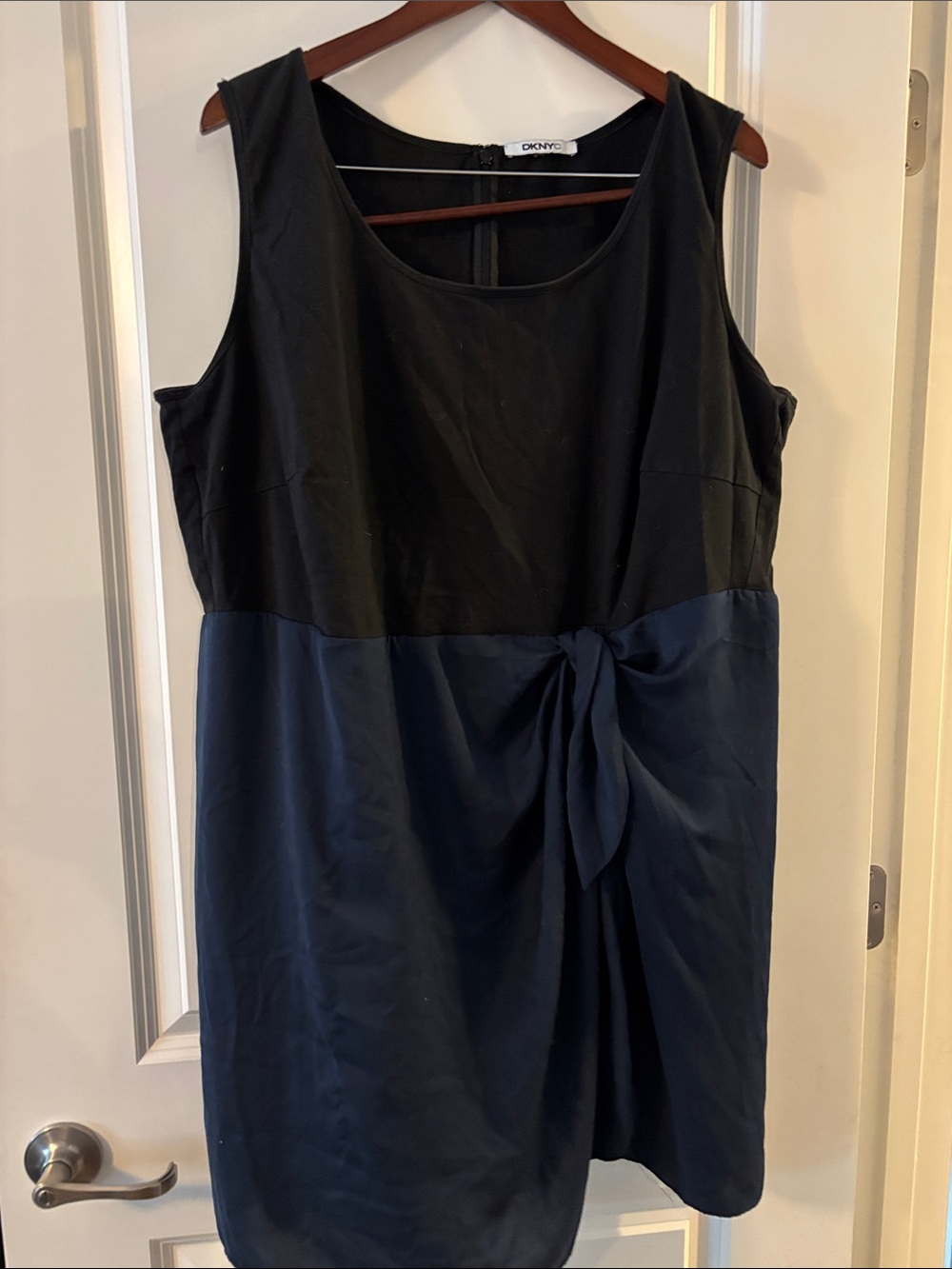 DKNY Black and Navy Sleeveless Midi Dress with Waist Tie